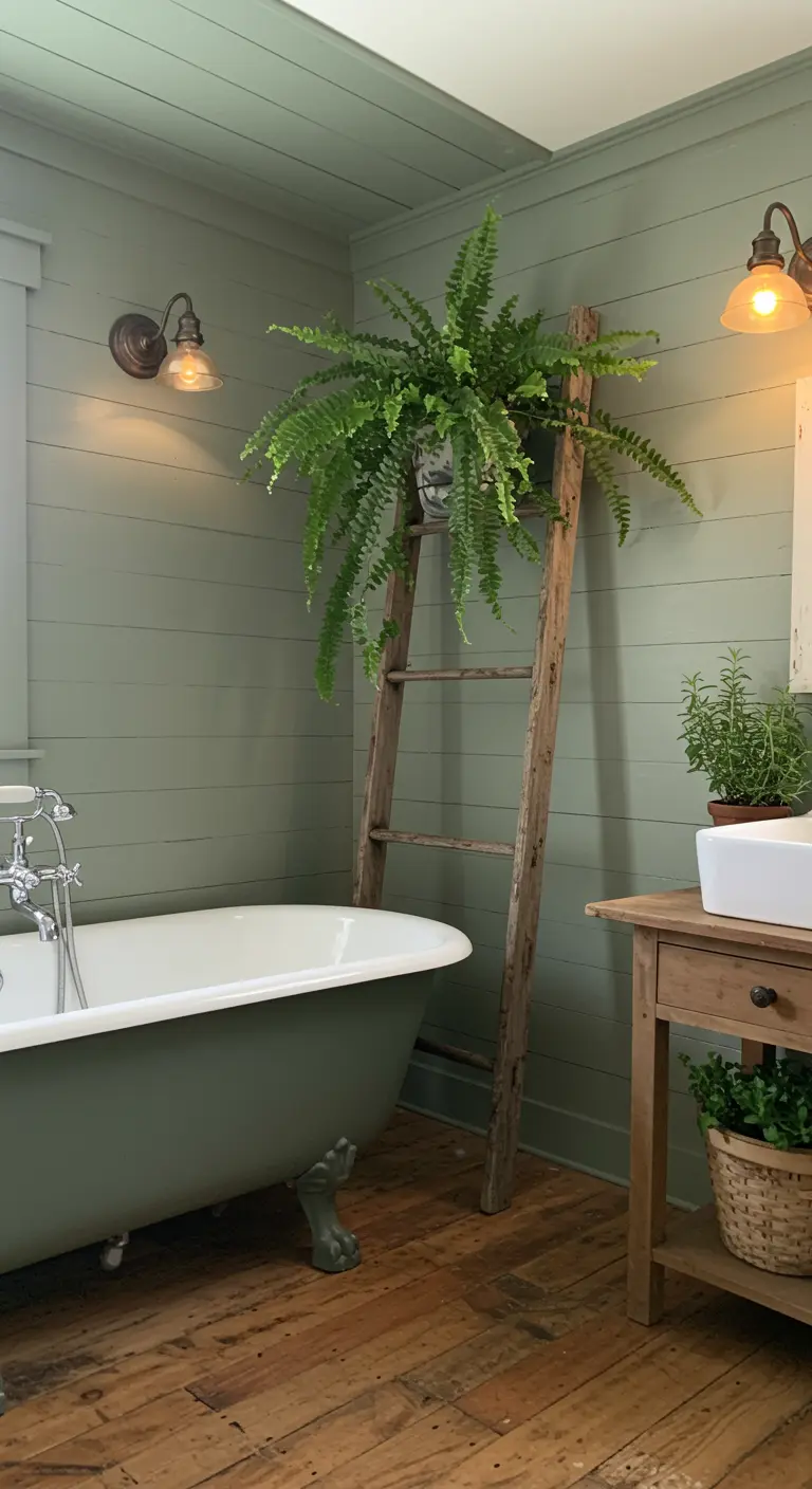Landelijke badkamer met groene wanden, vintage badkuip en houten ladder met varen