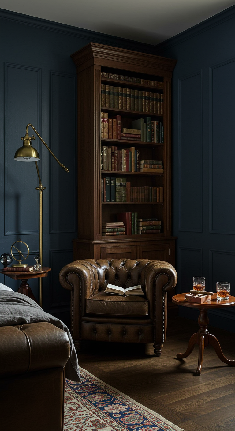 Klassieke leeshoek in slaapkamer met Chesterfield fauteuil en boekenkast.