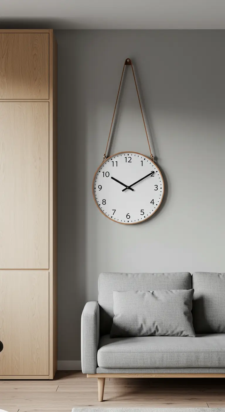 Minimalistische witte wandklok met een lichtbruine leren ophangband, hangend boven een grijze bank.