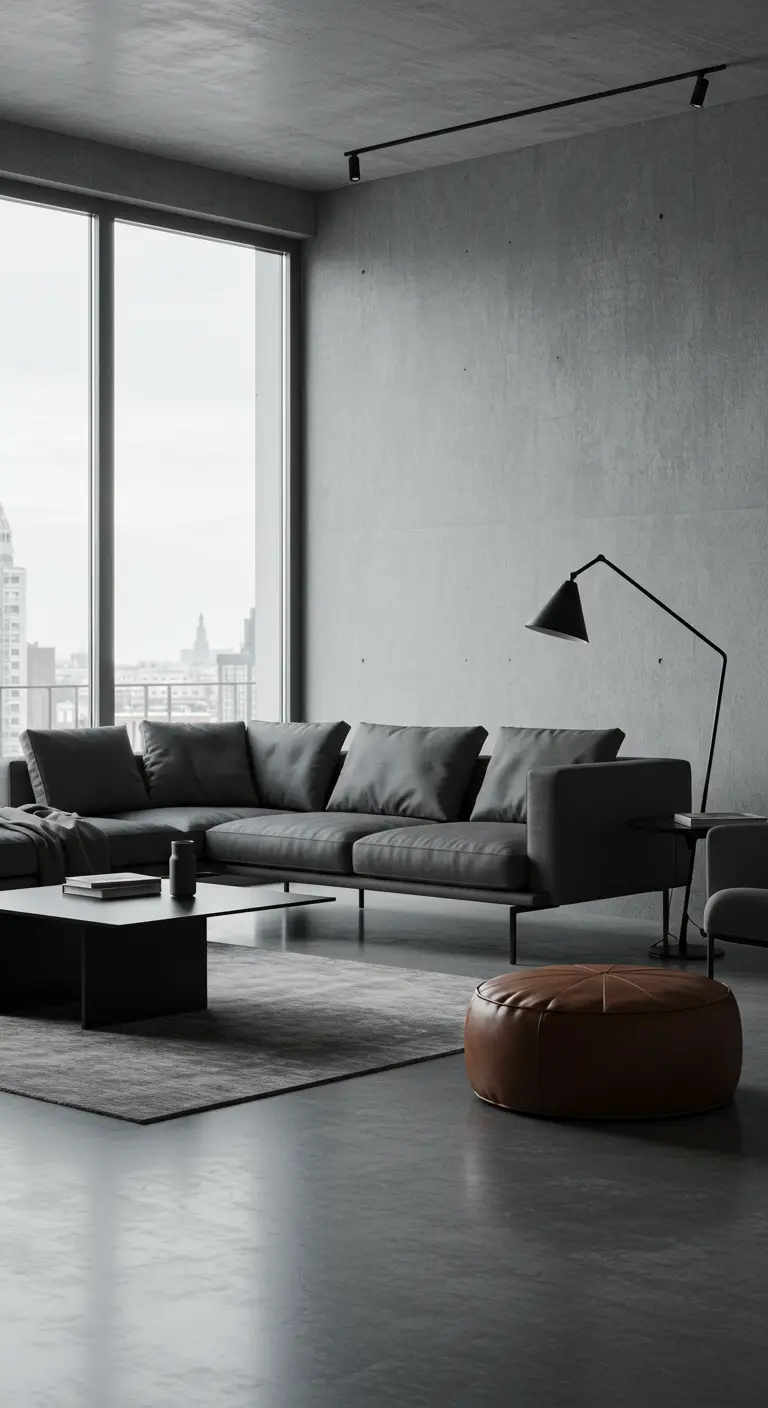 Moderne grijze woonkamer met een grote grijze hoekbank en een ronde bruinleren poef.