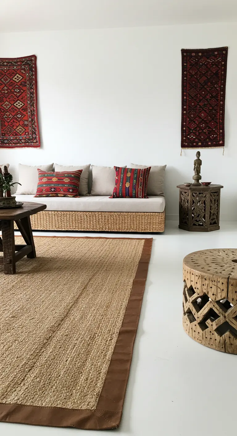 Woonkamer in etnische stijl met een naturelkleurig vloerkleed met een donkerbruine leren bies.