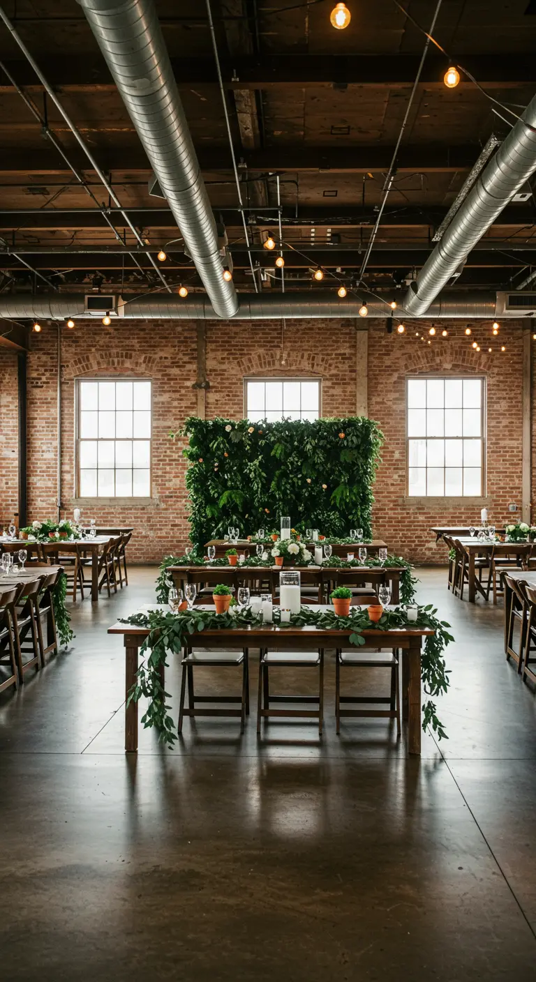 Industriële trouwlocatie met een grote groene plantenwand achter de hoofdtafel.