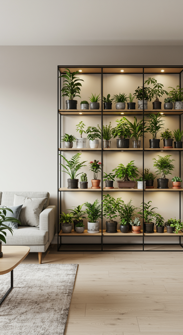 Moderne woonkamer met een grote open metalen stellingkast vol planten.
