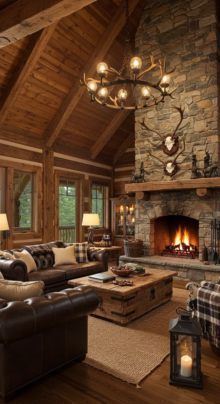 Rustieke woonkamer in lodge-stijl met stenen haard, houten balken en leren meubels.