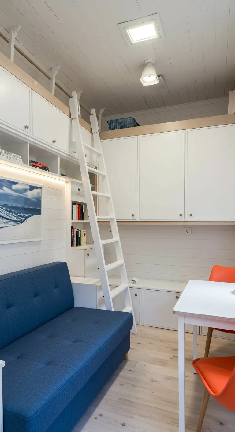 Kleine kamer met een wit loftbed, blauwe bank eronder en witte opbergkasten.