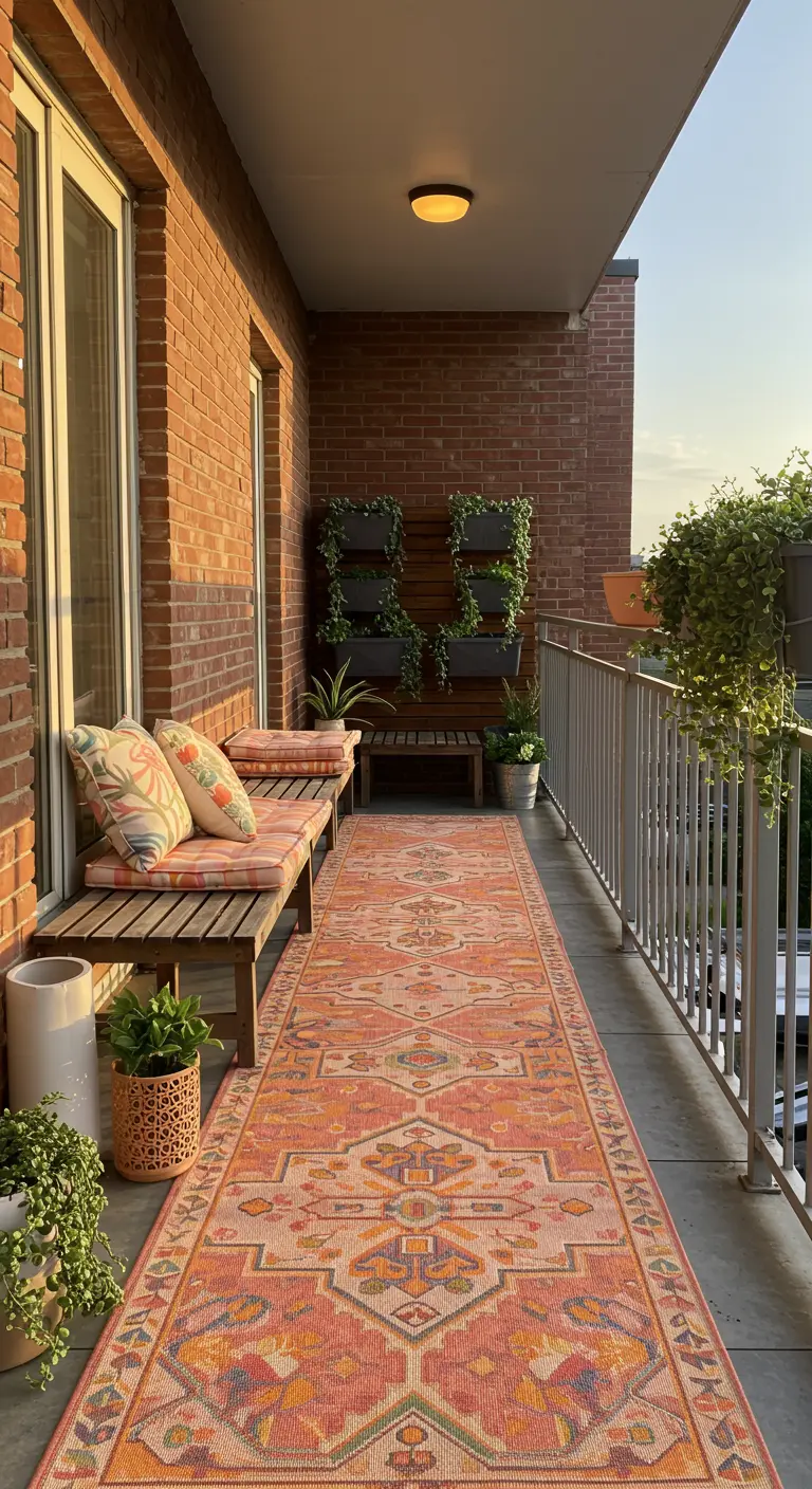 Lang, smal balkon met houten bankjes en een kleurrijke, Perzisch-geïnspireerde loper.