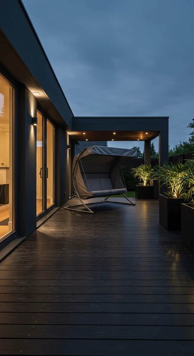 Moderne grijze schommelbank op donker houten terras met subtiele verlichting in plantenbakken.