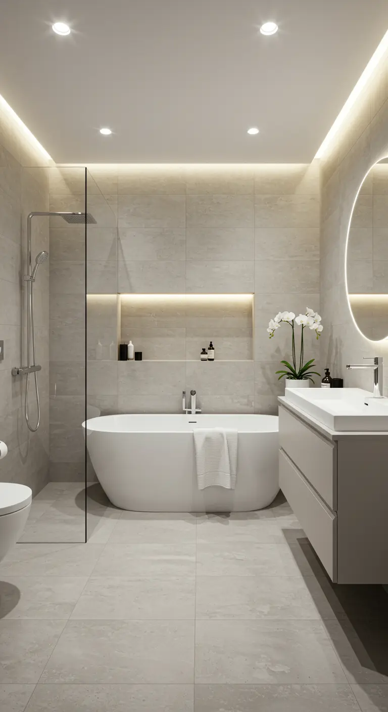 Badkamer met grote lichtgrijze tegels, verlichte nis boven vrijstaand bad en ronde spiegel.