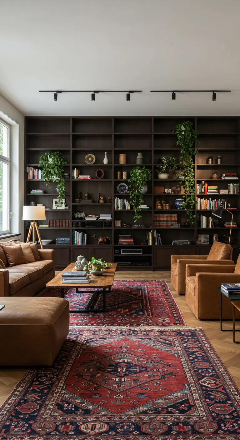 Woonkamer met moderne boekenkastwand en kleurrijk Perzisch tapijt.