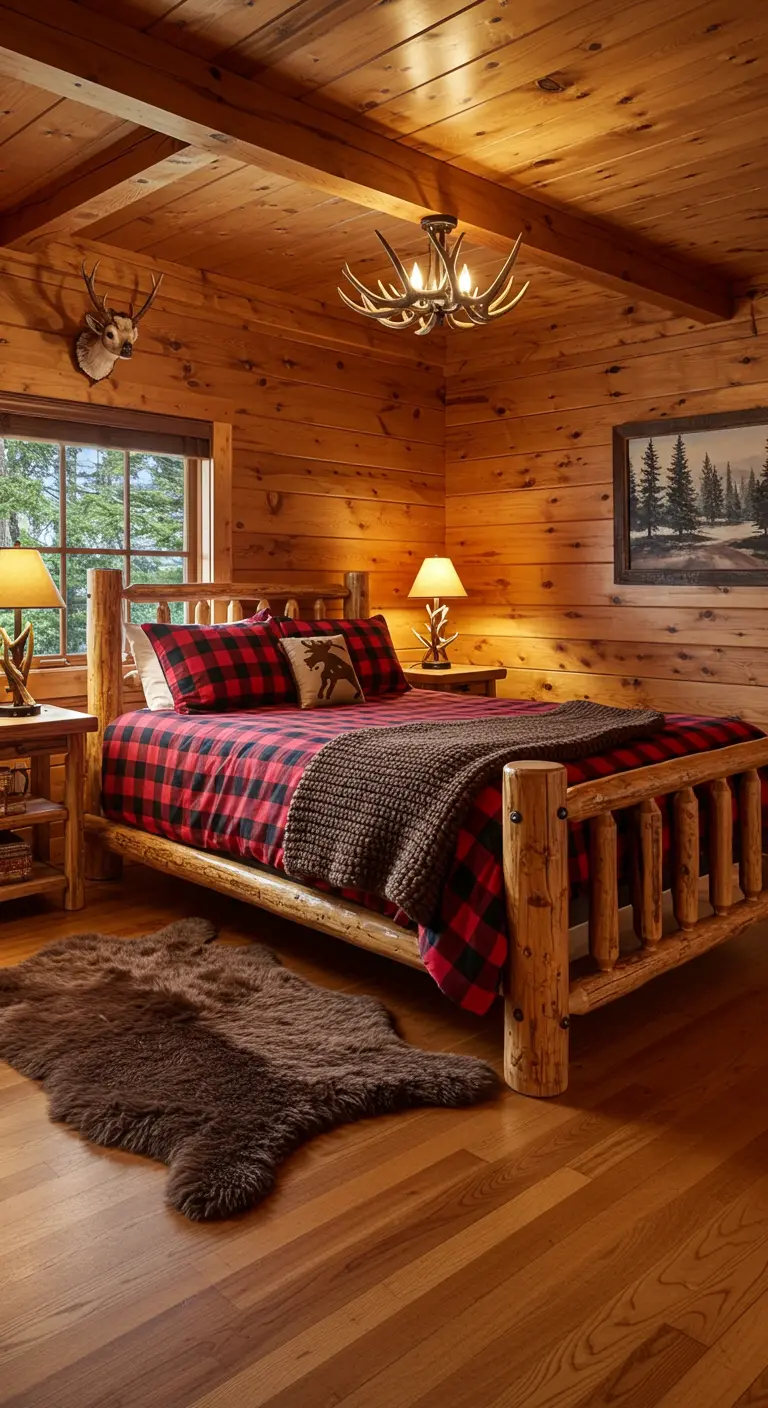 Houten blokhut-slaapkamer met een bed met rood ruitjespatroon en een geweivormige lamp.