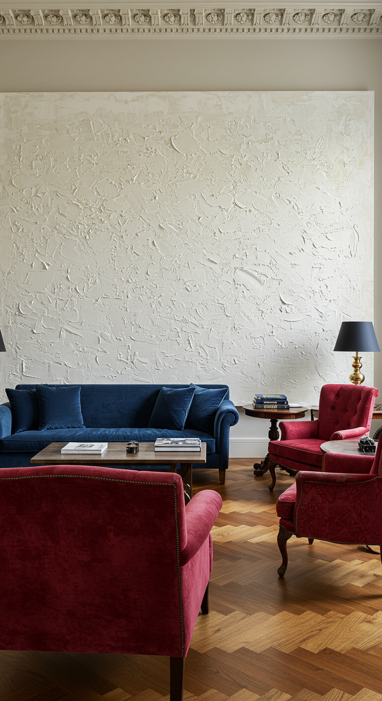 Woonkamer met een grote witte muur met een ruwe, artistieke pleisterstructuur.