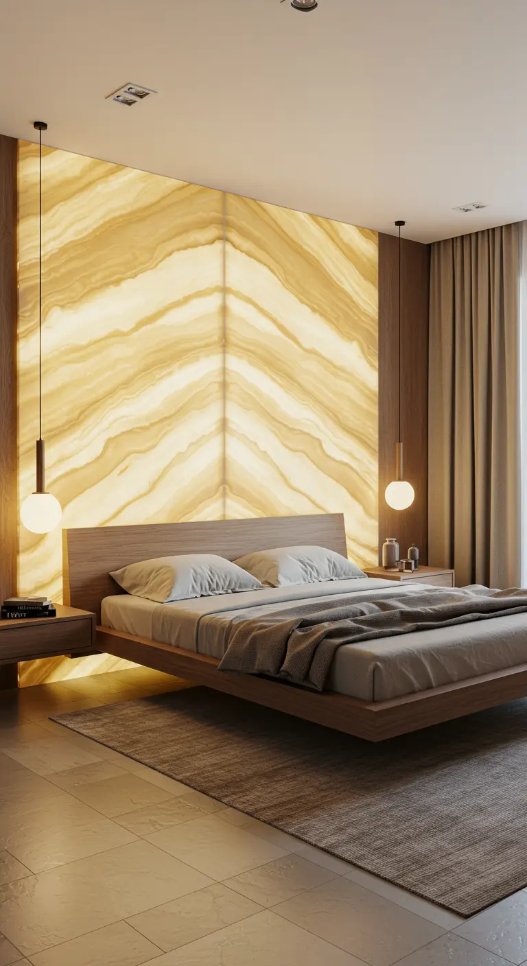 Slaapkamer met een volledig verlichte accentmuur achter het bed voor een warme gloed.