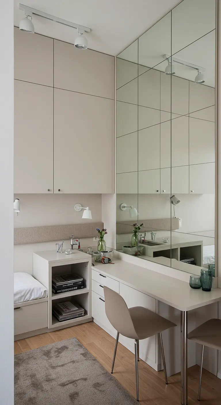 Spiegelwand van meerdere panelen naast een compact wit bureau in een kleine, lichte werkkamer.