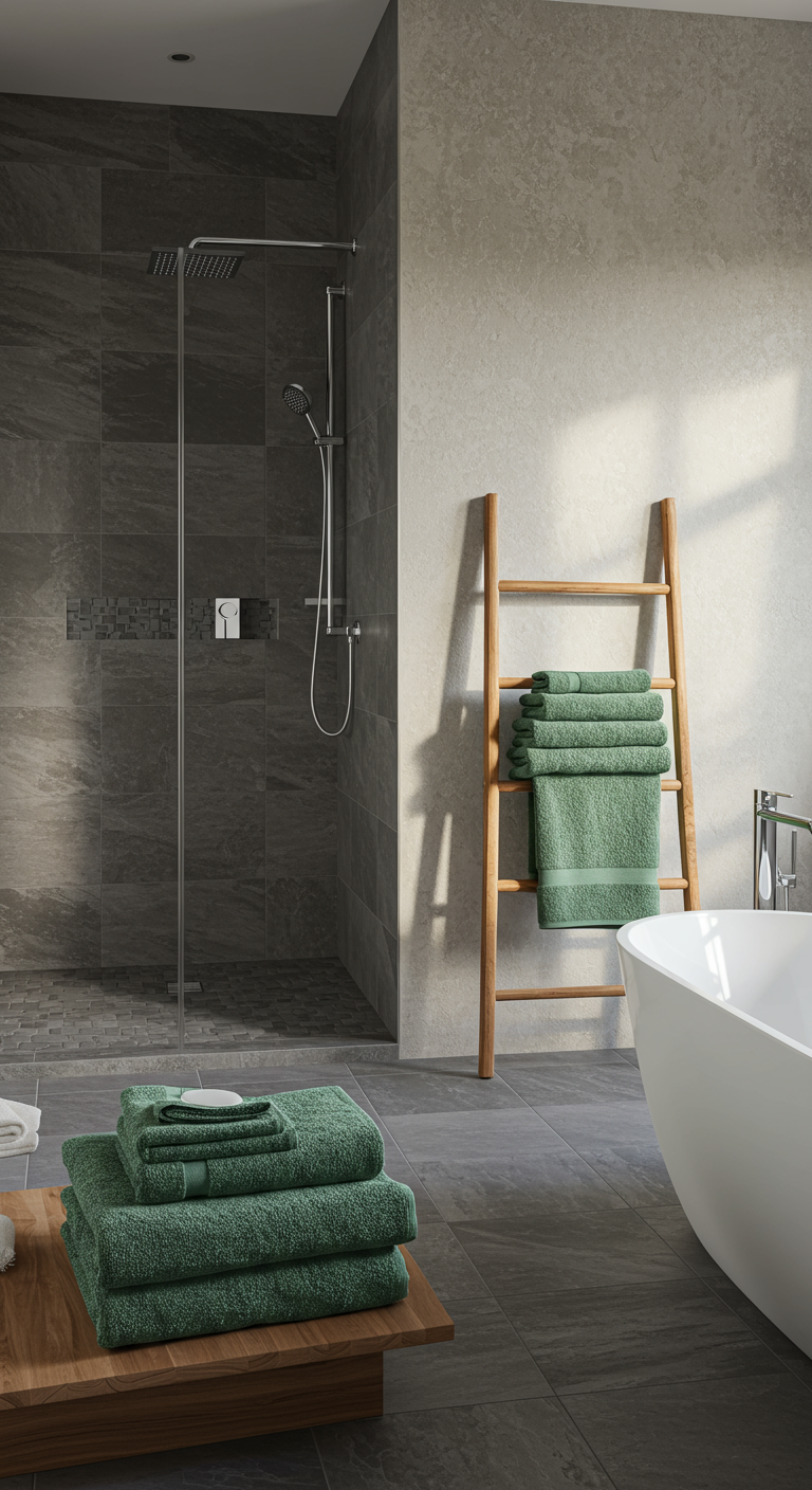 Houten ladder met opgevouwen groene handdoeken naast een moderne douche.