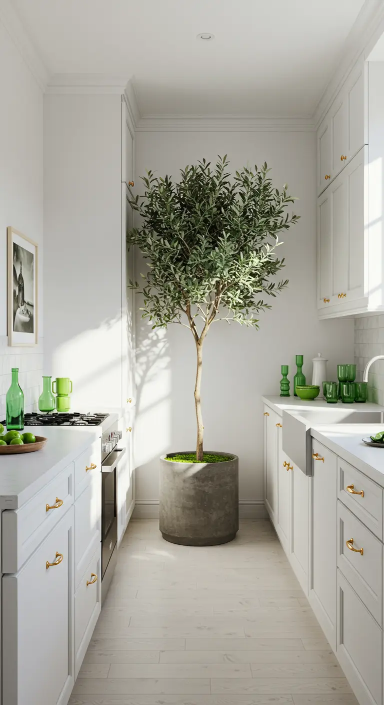 Witte minimalistische keuken met een grote olijfboom in een pot als centraal element.