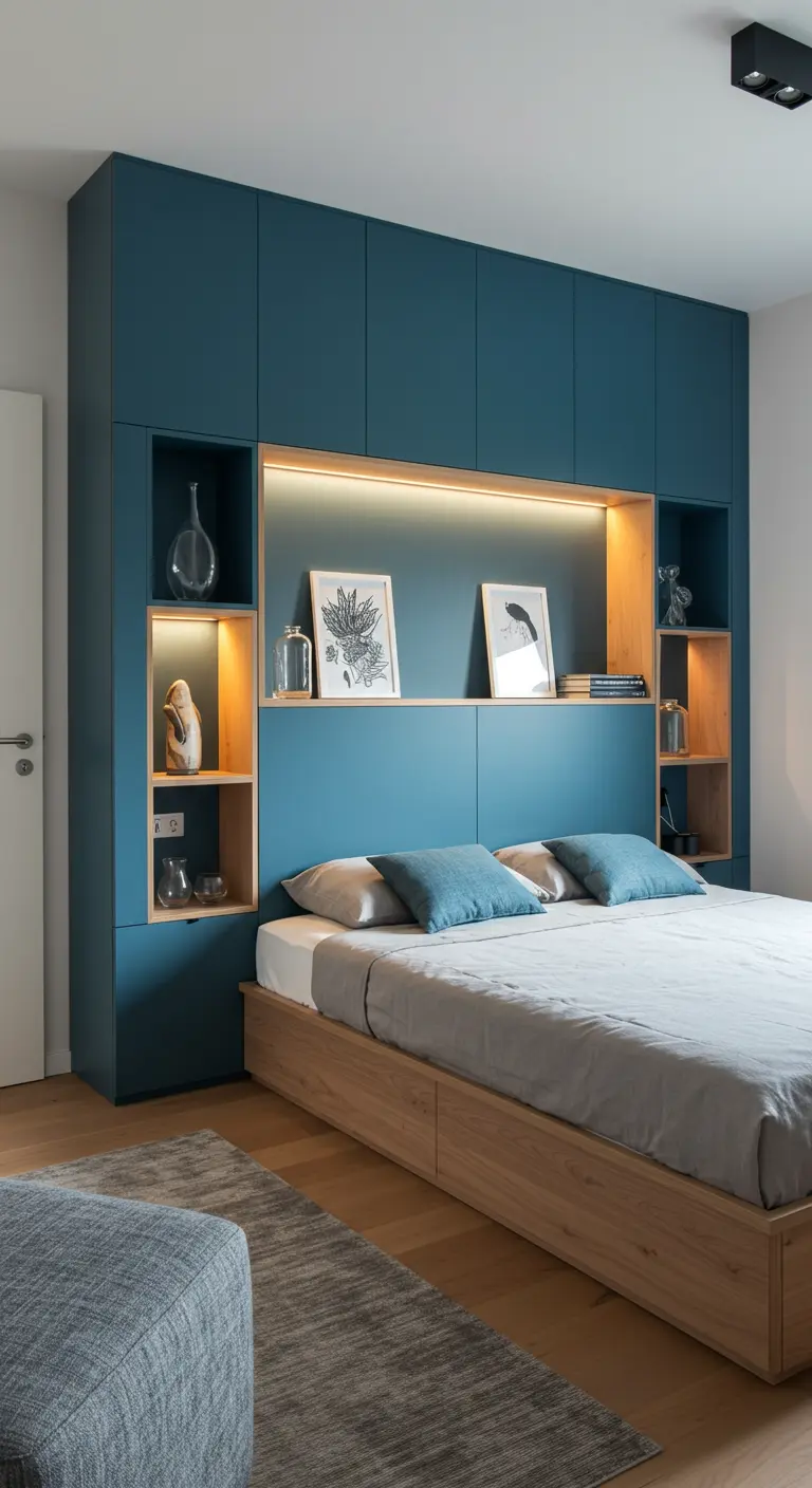Diepblauwe inbouwkast met houten nissen omlijst het bed in een moderne slaapkamer.
