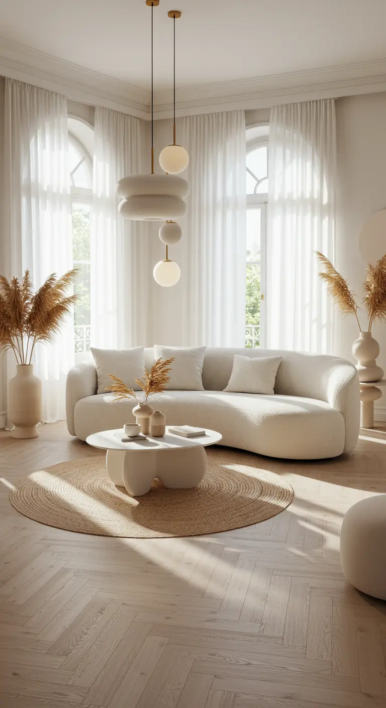 Lichte woonkamer met een gebogen witte bank, ronde salontafel en ronde lampen.