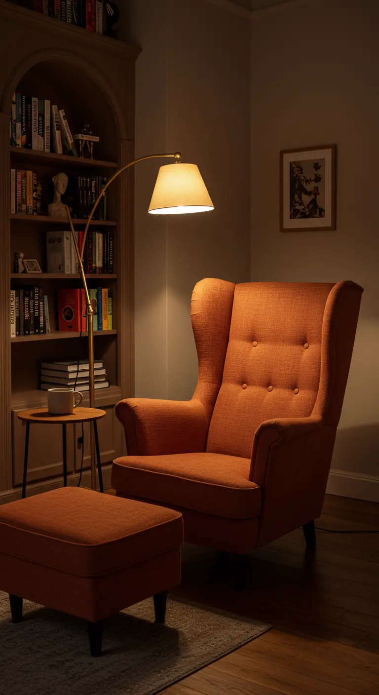 Gezellige leeshoek met een oranje fauteuil met ronde vormen en een gebogen leeslamp.