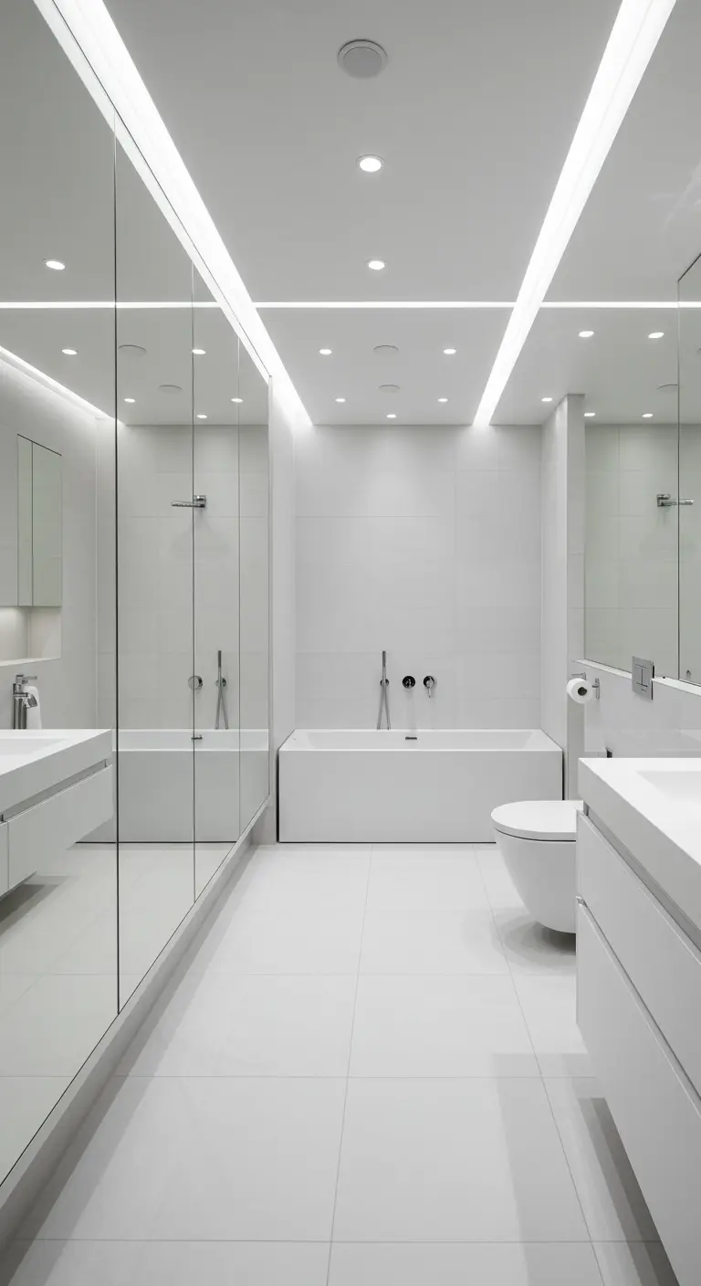 Witte minimalistische badkamer met volledige spiegelwand en LED-verlichting.
