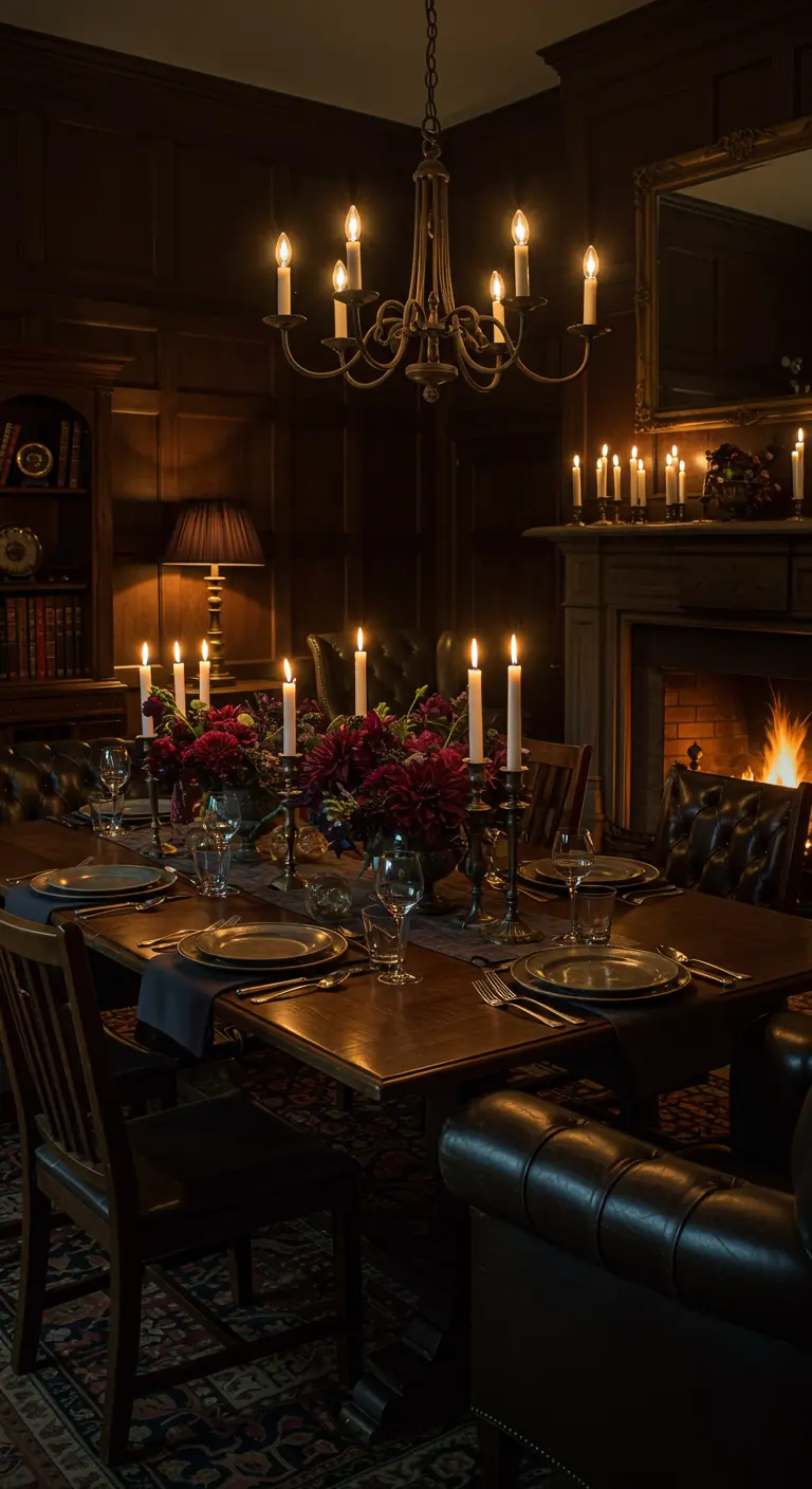 Donkere eetkamer met brandende open haard, houten tafel, dieprode bloemen en kaarsen.