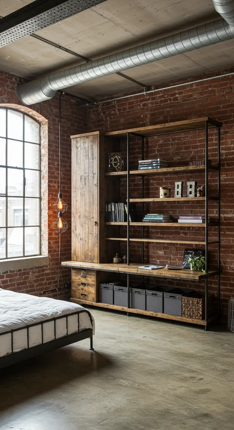 Industriële slaapkamer met lang bureau onder een open metalen en houten kastensysteem.