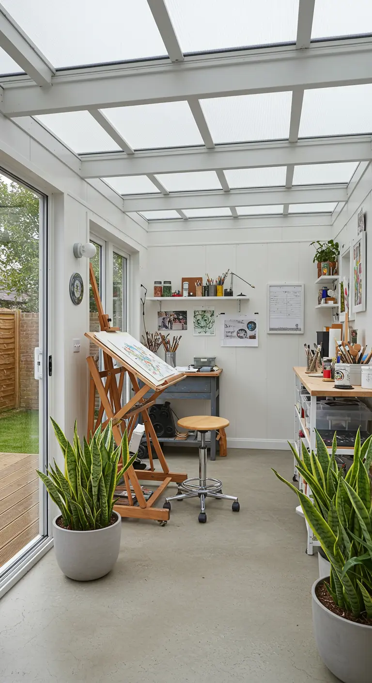 Lichte kunststudio in een tuinkamer met glazen dak, schildersezel en veel planten.