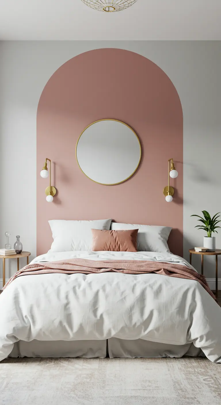 Slaapkamer met geschilderde roze boog achter het bed en ronde spiegel.