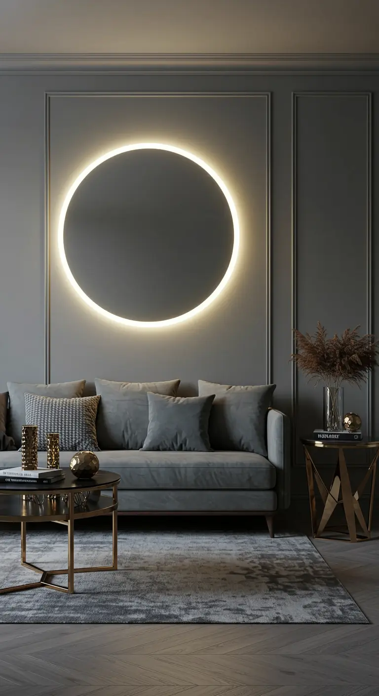 Stijlvolle woonkamer met grijze muur en een grote ronde wandlamp met halo-effect.