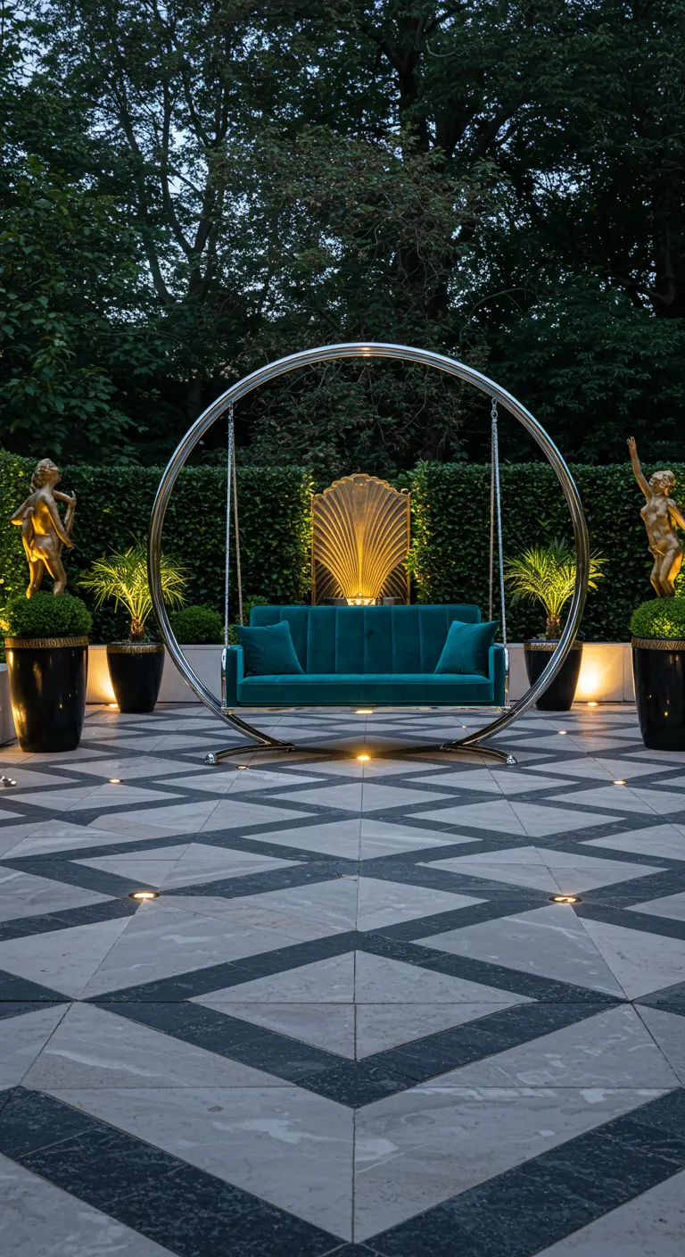 Grote ronde zilveren schommelbank met blauw fluwelen kussens in een formele tuin bij avond.