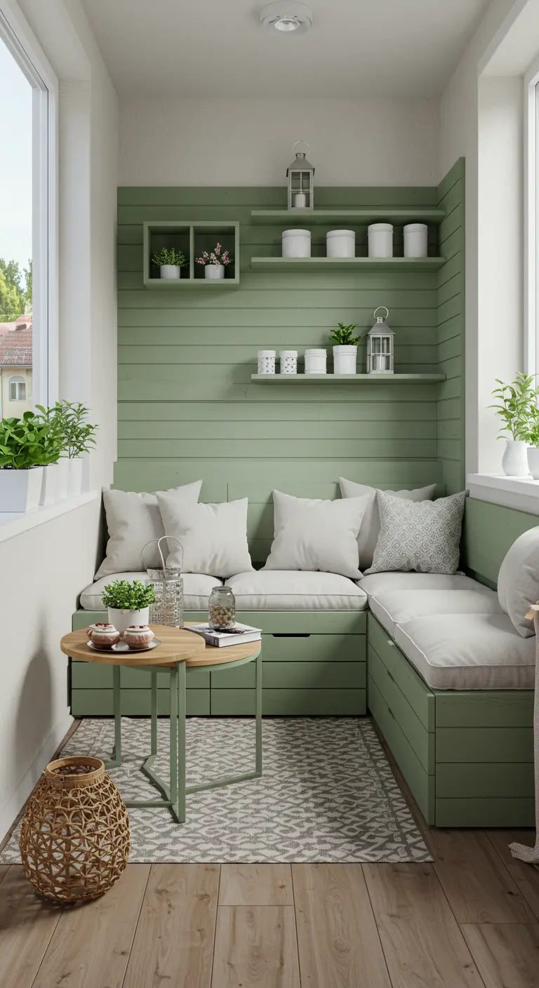 Smal balkon met saliegroene U-vormige houten bank met opbergruimte en witte kussens.