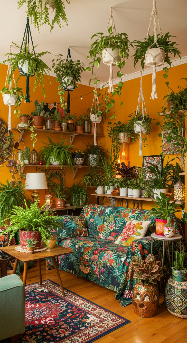 Woonkamer met oranje muur, bank met print, en planken boordevol diverse planten.