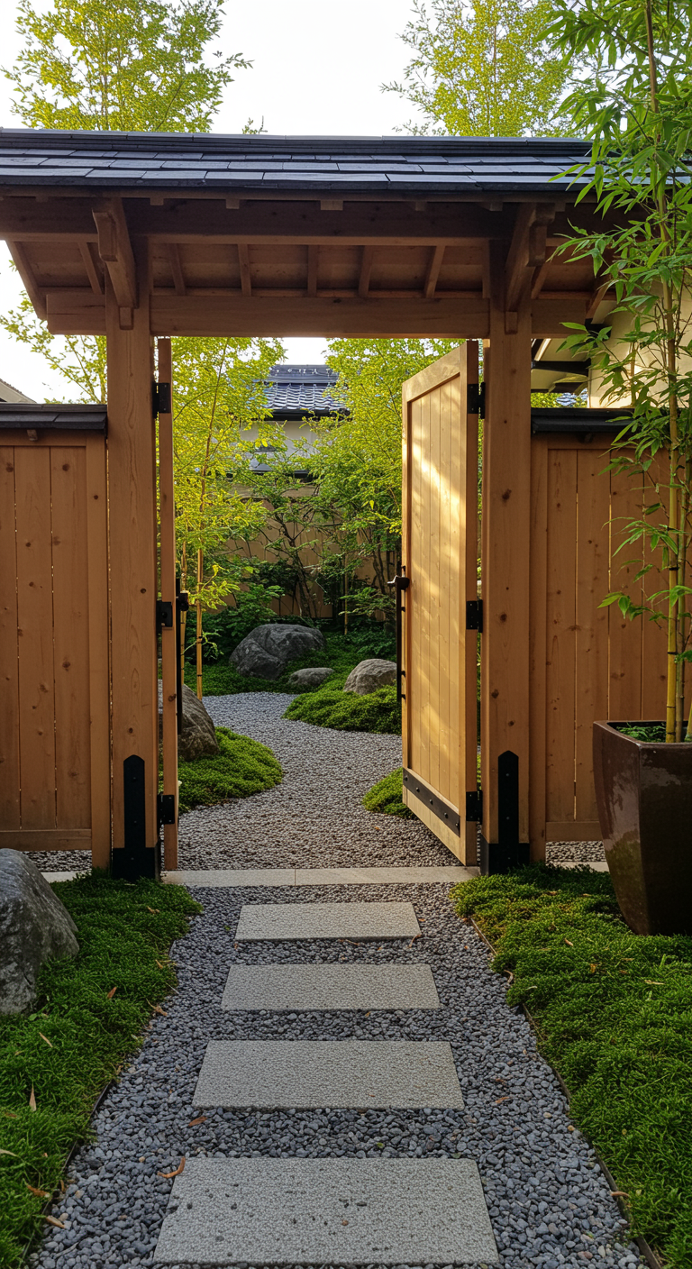 Houten poort die toegang geeft tot een Japanse tuin met grindpad, mos en stenen.