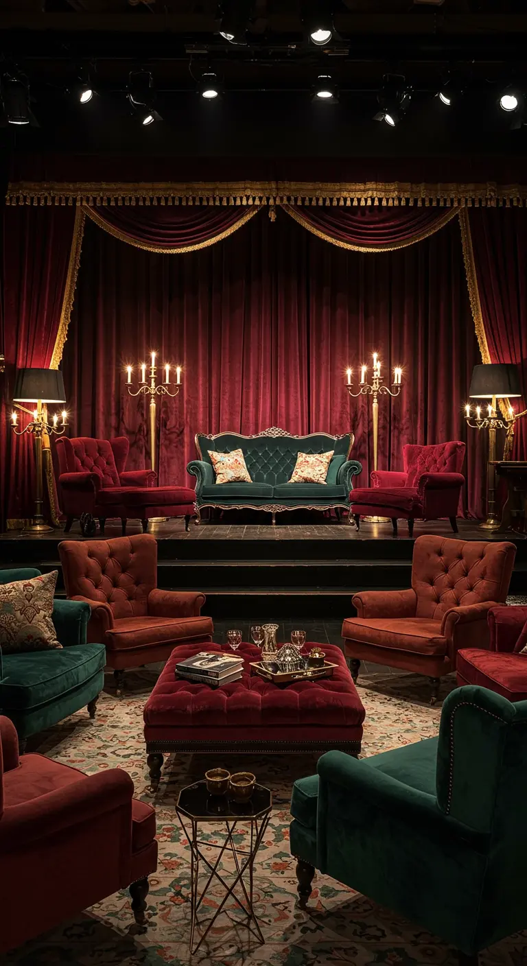 Theatrale ruimte met rode gordijnen en diverse zithoeken met fluwelen fauteuils.