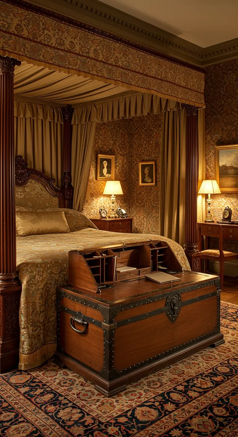 Klassieke slaapkamer met hemelbed en een grote houten kist als bureau aan het voeteneind.