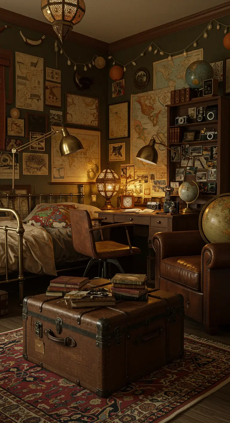 Slaapkamer van een avonturier met veel landkaarten, globes, koffers en vintage lampen.