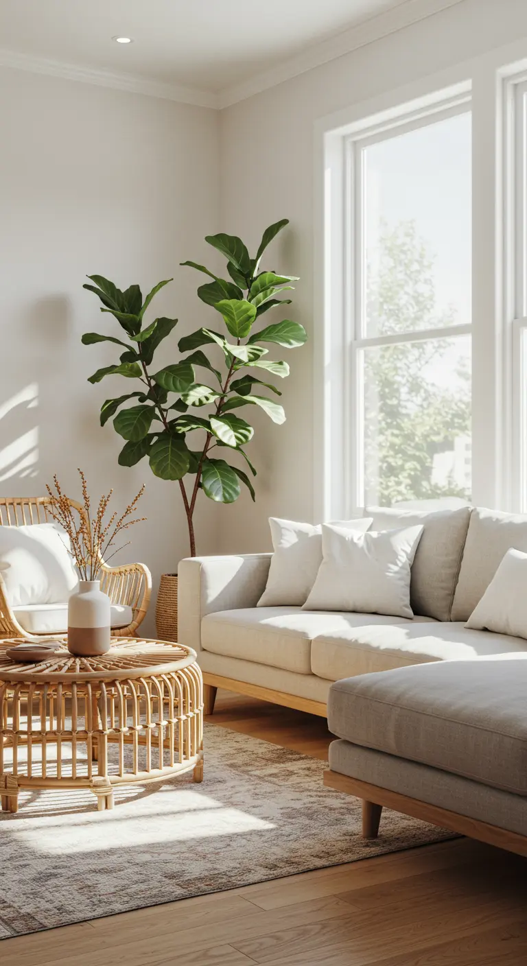 Lichte woonkamer met rotan salontafel, rotan fauteuil en grote vijgenbladplant.