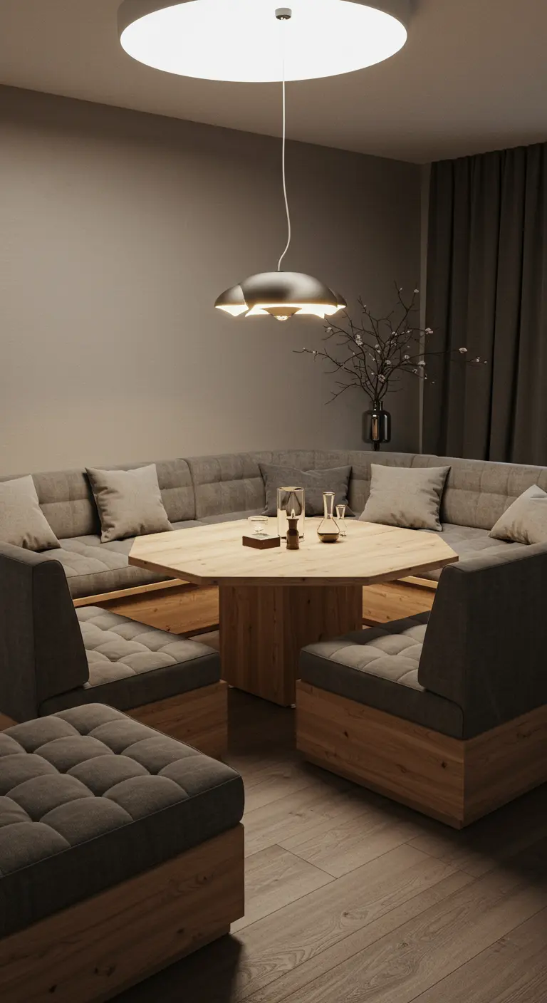 Ingebouwde ronde zitbank met een grote houten tafel in het midden.
