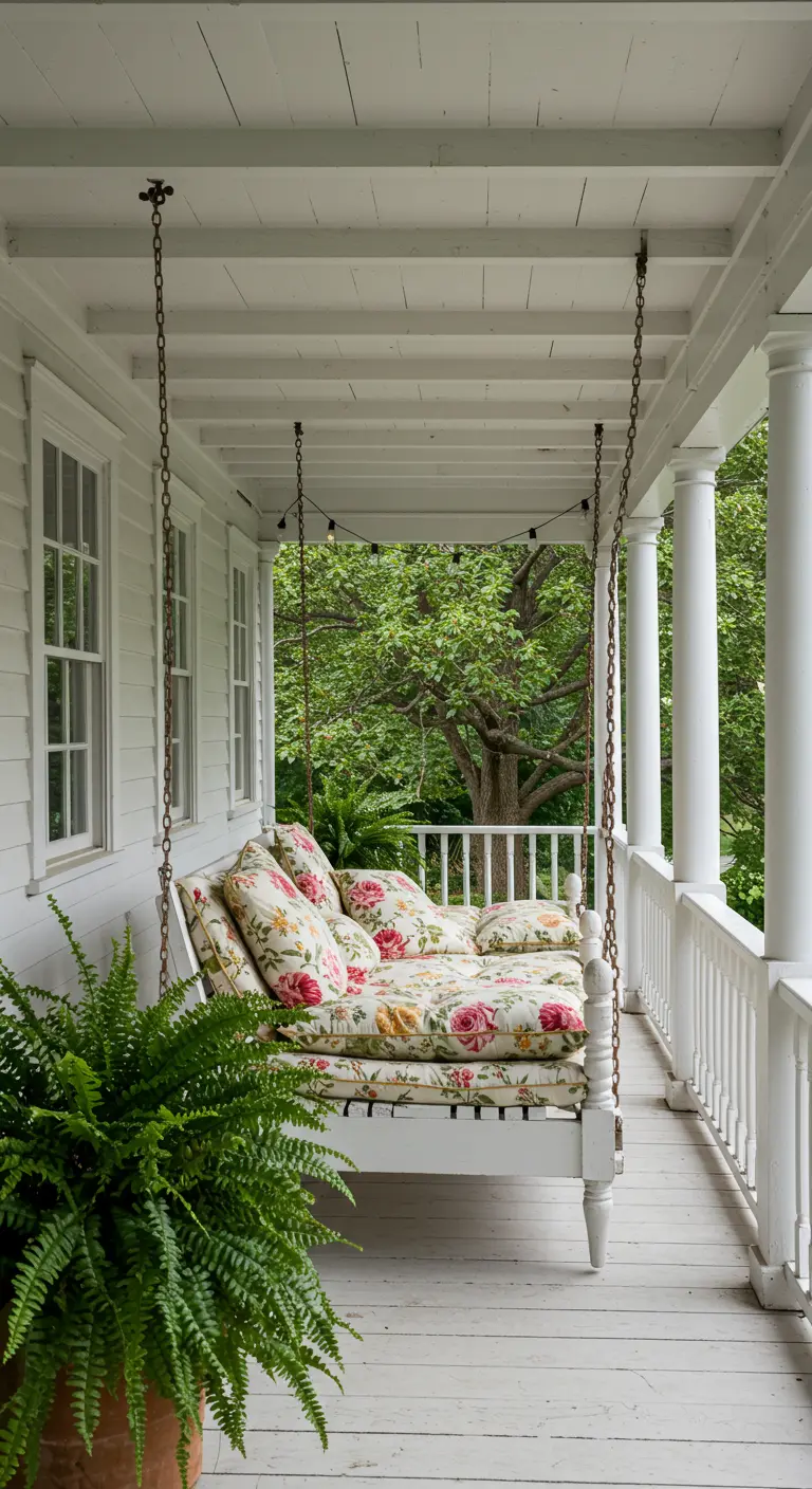 Royale witte schommelbank met talloze kussens in rozenprint, grote varen en lichtslinger op veranda.