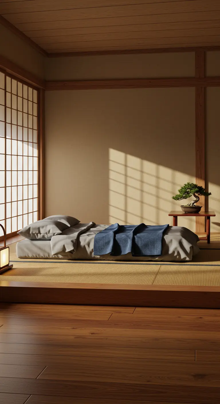 Minimalistische Japanse slaapkamer met een laag bed op een tatami-mat en een bonsaiboompje.