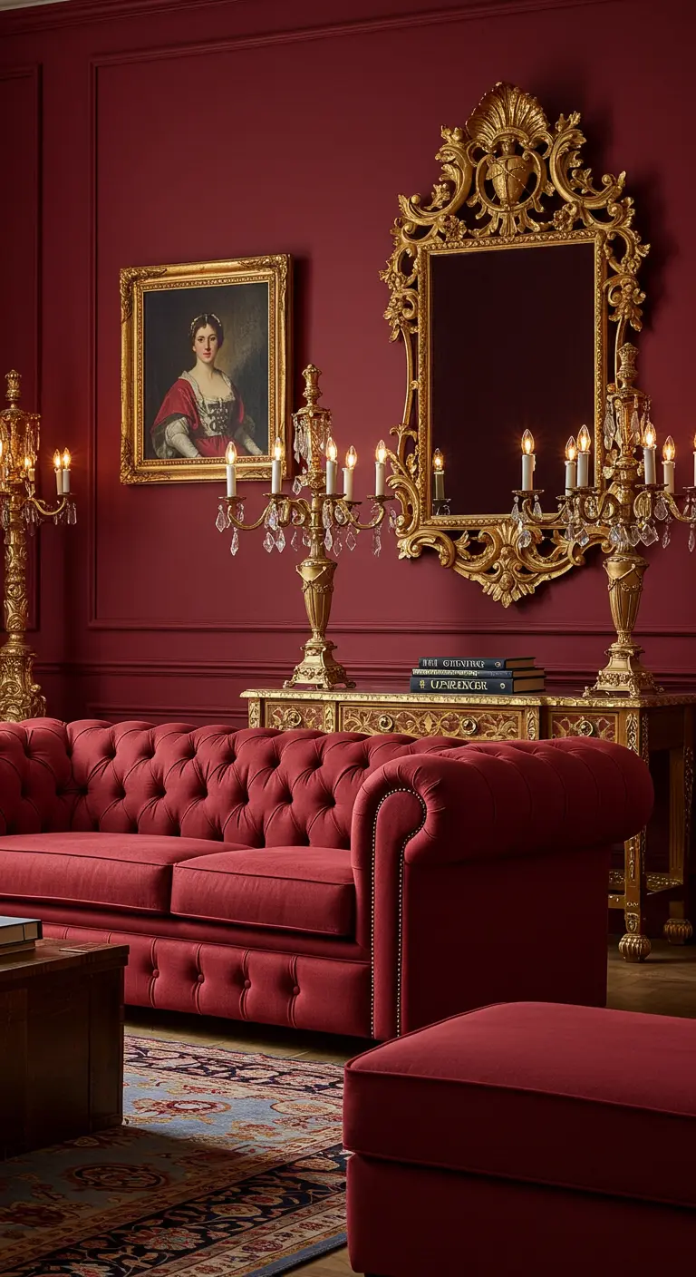 Dieprode kamer met een rode fluwelen Chesterfield, een grote gouden spiegel en een portret.