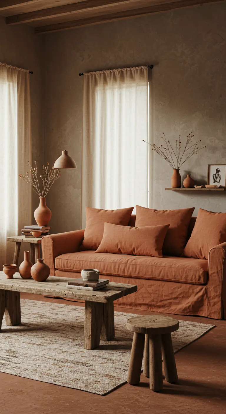 Woonkamer in wabi-sabi stijl met terracotta bank, rustiek houten meubilair.