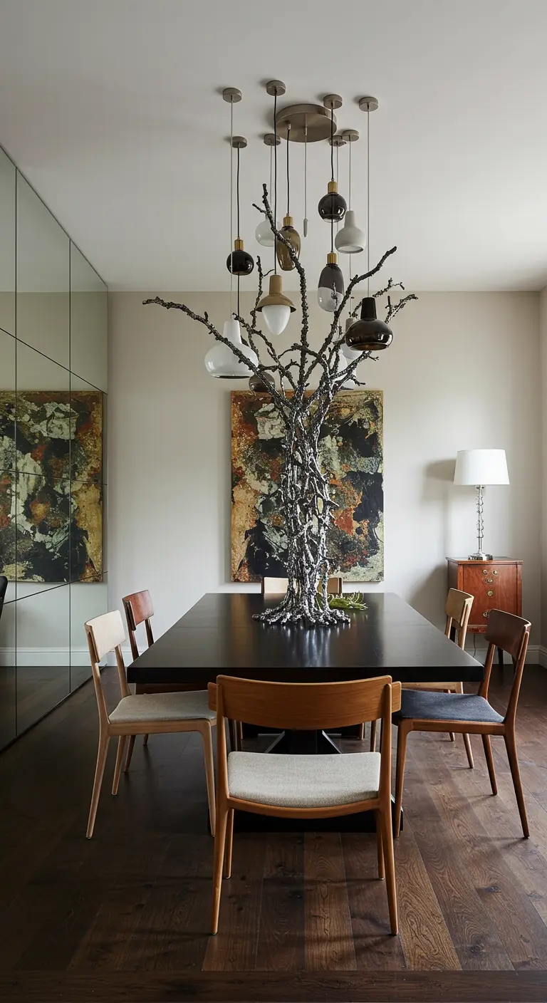 Eetkamer met grote sculpturale hanglamp als een boom boven tafel
