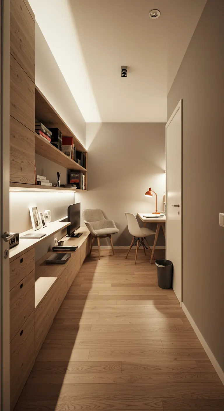 Lange, smalle gang met houten planken, een bureau aan het einde en lichte houten vloer.