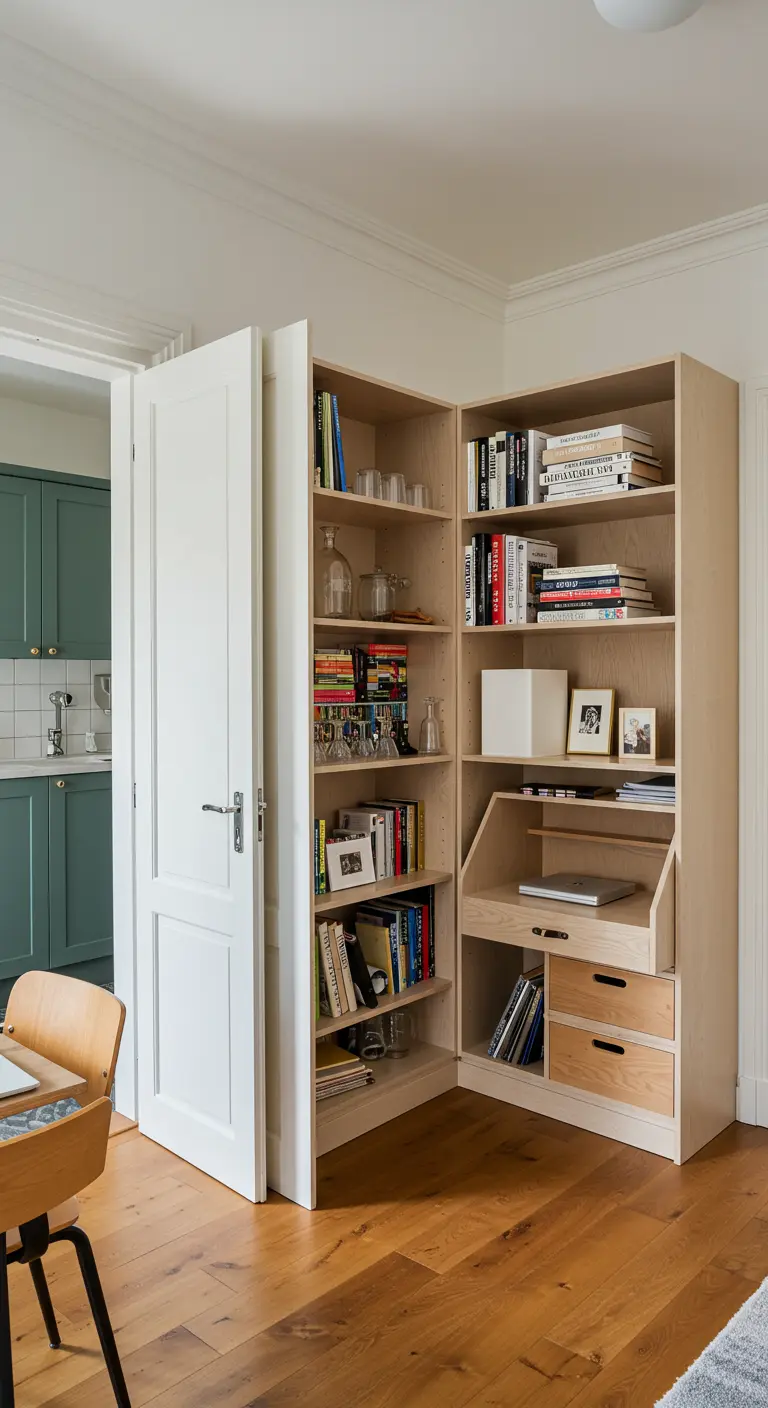 Open hoekkast die de keuken en eet/woonkamer verbindt, gevuld met boeken en servies.