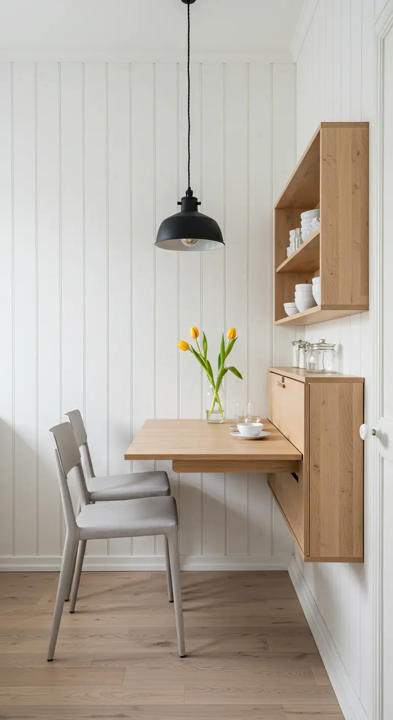 Lichte houten klaptafel aan witte muur met bijpassende stoelen en wandkastje.