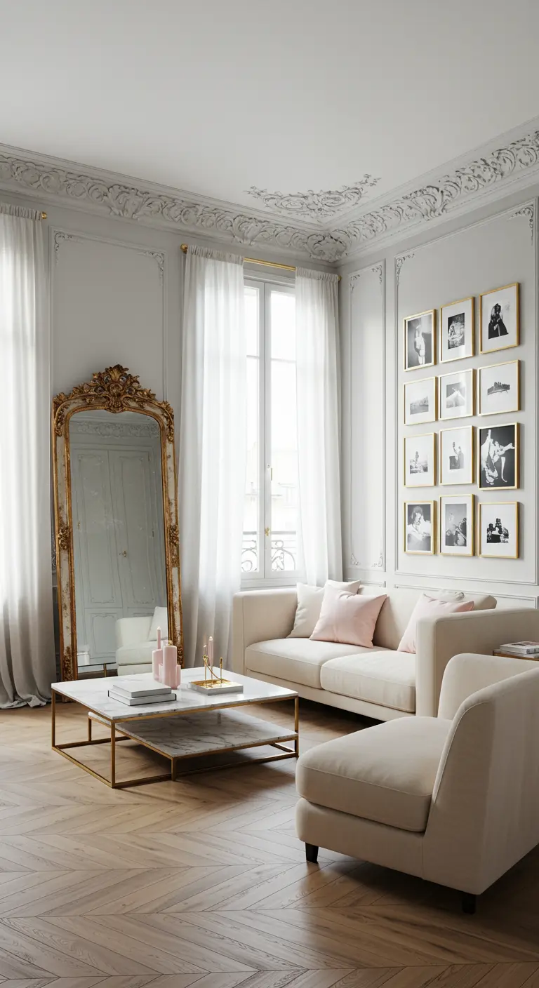 Lichte woonkamer met sierlijsten, grote gouden spiegel, crèmekleurige bank en gouden salontafel.