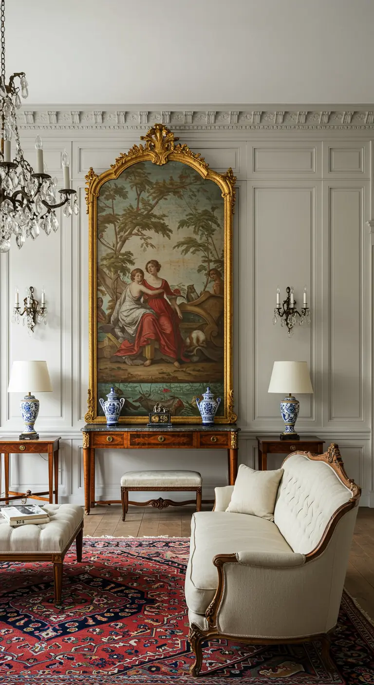 Zeer hoge, smalle spiegel met een rijkelijk versierde gouden baroklijst die een klassiek schilderij reflecteert.
