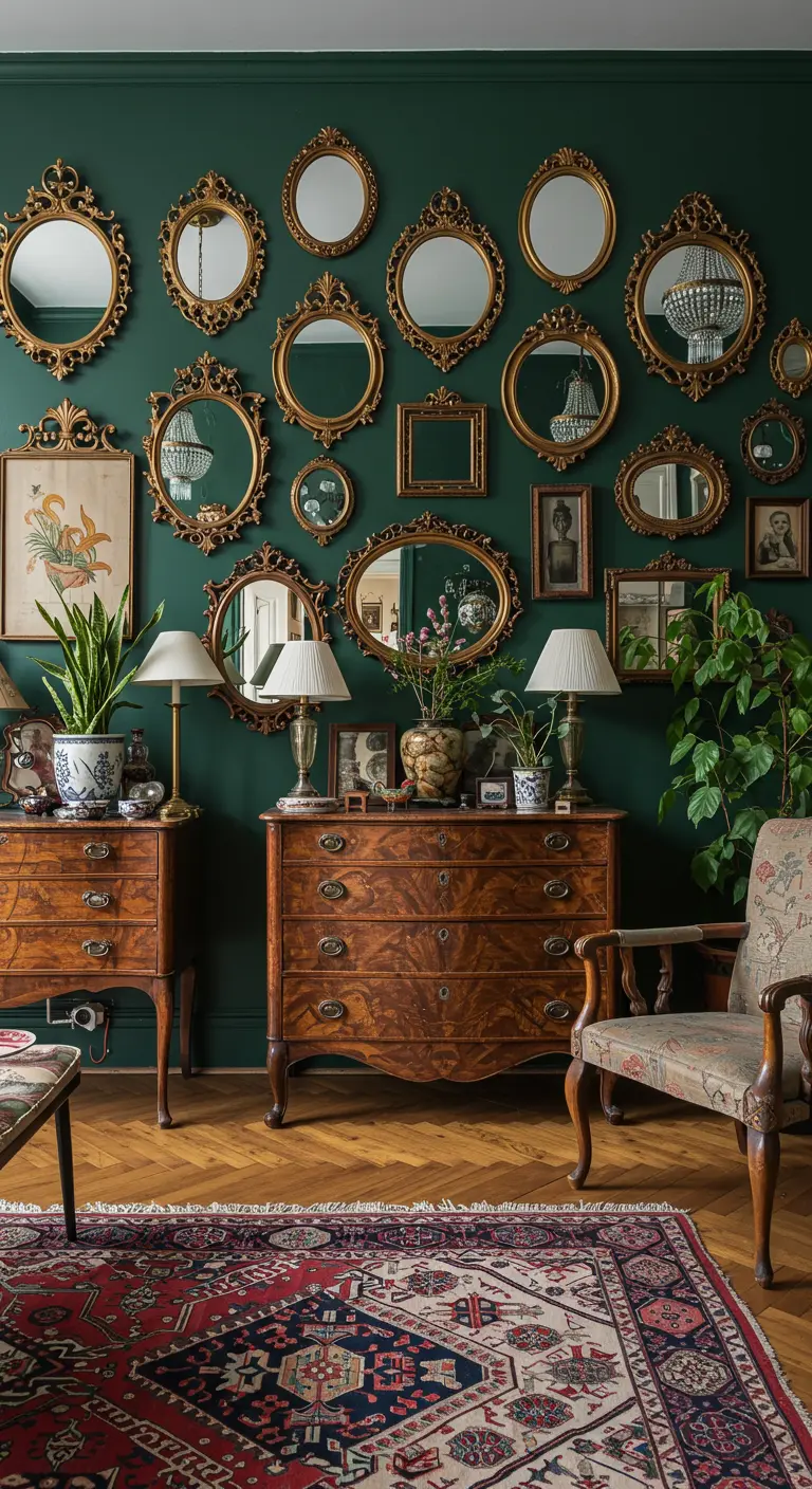 Donkergroene muur met een collectie vintage spiegels met diverse gouden lijsten.