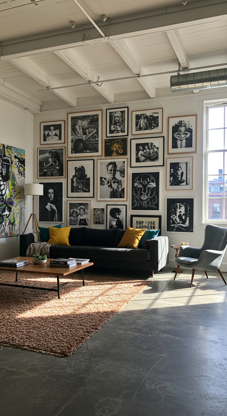 Woonkamer met grote gallery wall vol zwart-wit foto's boven een donkere bank.