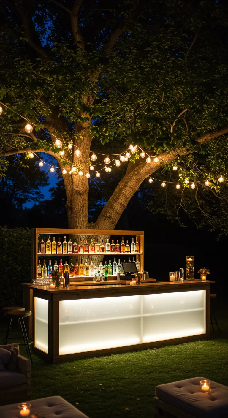 Verlichte buitenbar onder boom met prikverlichting en loungehoekjes in de schemering.